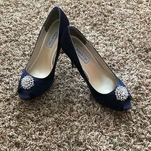 Chiffon and Satin Peep Toe Navy Heels